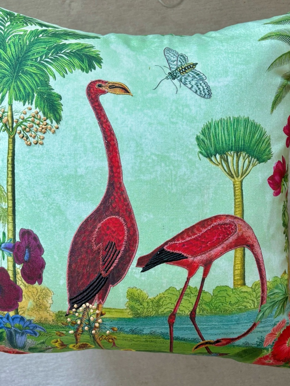 Tropical Palm Flamingo hand embroidery Pillow with feather insert in NEW !